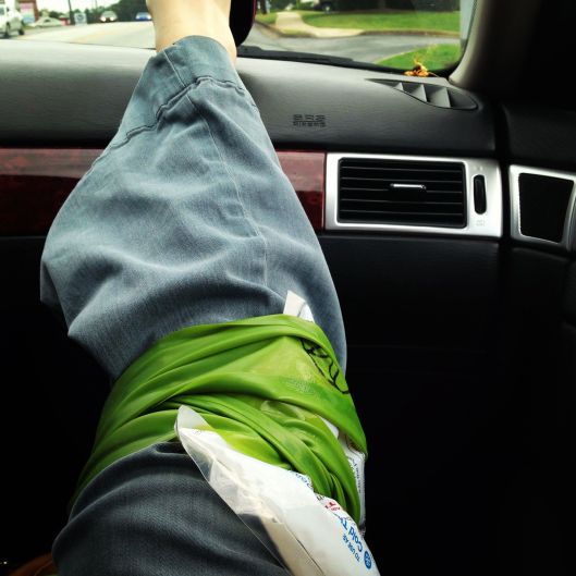RICE in one pic: resting, icing, compressing (the sleeve is under the pants), elevating. RICE done right.